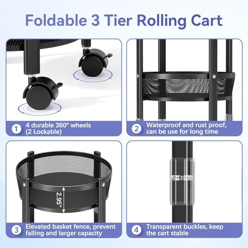 TOOLF 3 Tier Foldable Rolling Cart, Metal Utility Storage Cart, Black | Assembly-Free, Lockable Wheels, Round Trolley Organizer for Bathroom, Kitchen, Office, Dorm, Laundry, Craft Room - Image 3