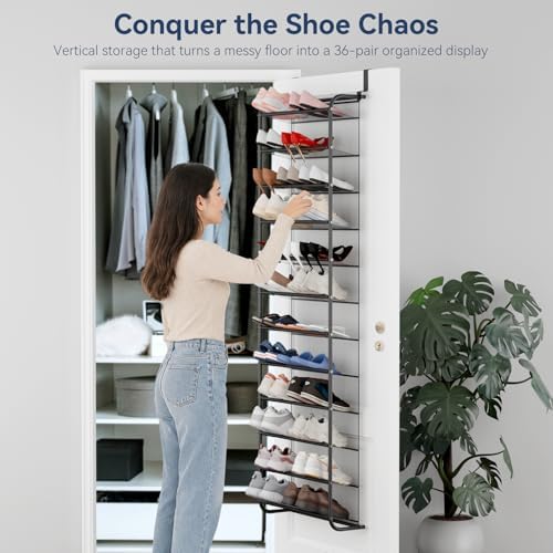 Whitmor 36 Pair Over the Door Shoe Organizer, 12 Tier Hanging Shoe Organizer, Heavy Duty Metal & Mesh Shoe Holder, Hanging Shoe Rack for Closet Storage, 74"H x 21.7"W x 7.5"D, Gunmetal Gray - Image 4