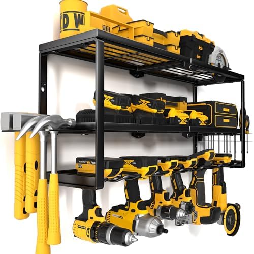 YYR Heavy Duty Power Tool Organizer Wall Mount, Cordless Drill Hanger Storage Rack, Battery Tools Holder with Charging Station Shelf for Garage Organization, Workshop, Pegboard, Shed - 24 Inch 6 Slots by YYR