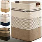Laundry Hamper, 85L Tall Laundry Basket with Leather Handles, Rectangle Large Clothes Hamper for Organizing, Cotton Woven Laundry Baskets Storage Hampers for Bedroom, Nursery, Living Room by Degeyoyo