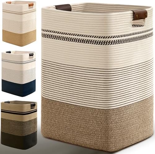 Laundry Hamper, 85L Tall Laundry Basket with Leather Handles, Rectangle Large Clothes Hamper for Organizing, Cotton Woven Laundry Baskets Storage Hampers for Bedroom, Nursery, Living Room by Degeyoyo