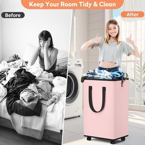 SpaceTrove Rolling Laundry Basket with Wheels, Laundry Hamper, 80L, Pink - Image 5