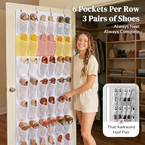 48 Pockets Over The Door Shoe Organizer, Large Mesh Hanging Shoe Rack, 6-Column Heavy Duty Shoe Storage for Sneakers and Heels, Behind Door Holder for Entryway Bedroom Dorm College, White - Image 3
