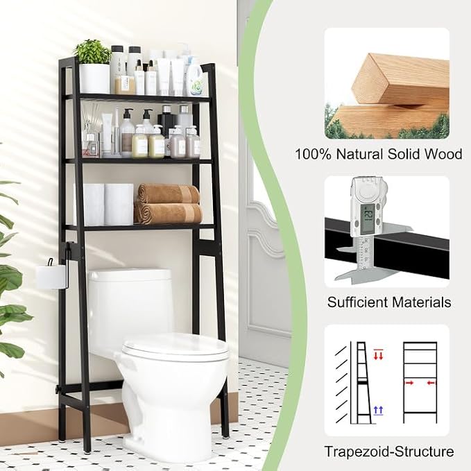 MallKing Over-The-Toilet Storage Rack, Wooden 3-Tier Over-The-Toilet Storage Rack Bathroom Space Saver Organizer, Freestanding Above Toilet with Toilet Paper Holder and Hooks (Black) - Image 4