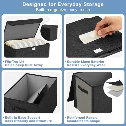 Bagnizer Large 17" 42 Quarts Collapsible Stackable Storage Bins with Lids [3-Pack] Foldable Fabric Linen Storage Boxes Cube, Closet Organizer Baskets with Label (16.7 x 12 x 12, Black) - Image 6