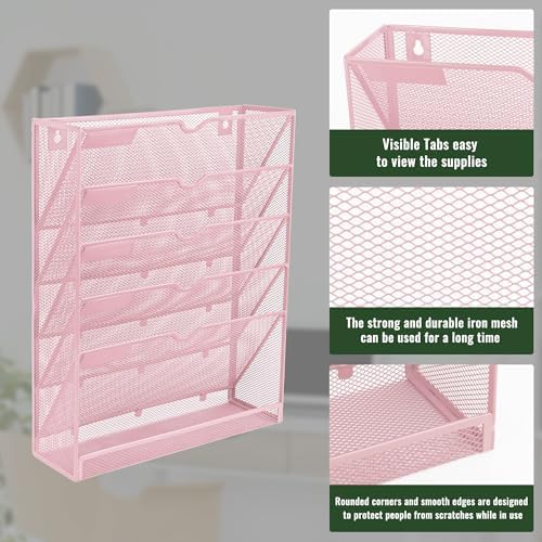 EASEPRES 6 Tier Mesh Hanging Wall File Organizer, Desk Vertical Mail Paper Document Folder Holder Rack with Bottom Tray and Nametag Label for Office Home School, Pink - Image 4