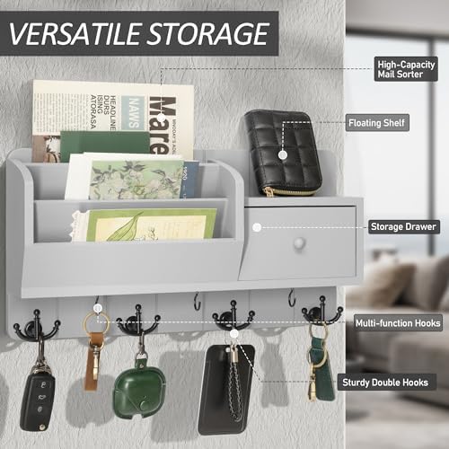 Rebee Vision Key Holder Wall Mount with Drawer, for Home Decor, Light Gray - Image 4