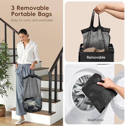 185L Laundry Hamper 3 Section, Laundry Hamper with Lid, Dirty Clothes Hamper with 3 Removable Washing Bags, Extra Large Laundry Basket Organizer for Bedroom, Laundry Room, Dorm - Khaki - Image 5