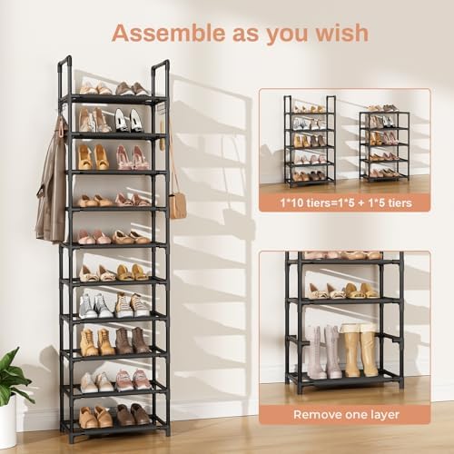 LANTEFUL 10 Tiers Shoe Rack 25 Pairs Large Capacity Tall Shoe Organizer Sturdy Shoe Storage with Two Hooks Space Saving Metal Narrow Shoe Rack for Closet, Entryway, Bedroom, Black - Image 5