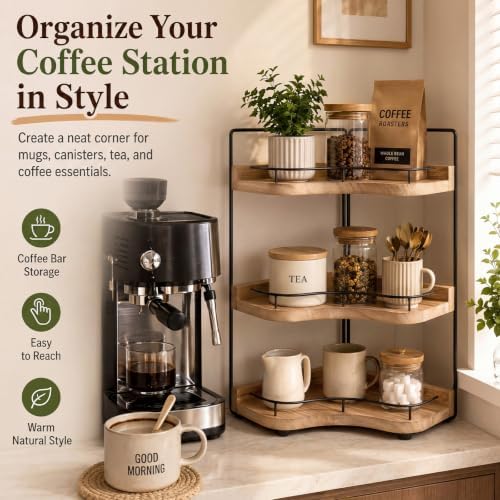 Ripeng 3 Tier Corner Bathroom Counter Organizer, Wooden Vanity Shelf with Metal Guardrails, Space Saving Corner Storage Rack for Bathroom Countertop, Kitchen, Bedroom, Light Brown - Image 6