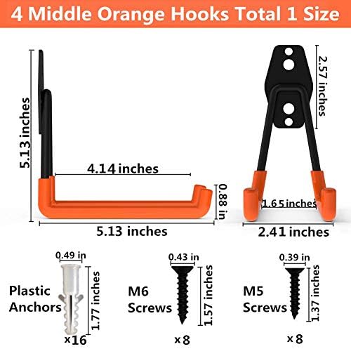 Storage Double Hooks Garage Space Saver Organizer Utility Hanger,Rack Extended Wall Mount Tool Heavy Duty Steel Holder with Anti-Slip Coating (4 Pack Orange 5.1" Medium Hook) - Image 3