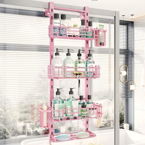 HapiRm Hanging Shower Caddy Organizer - Shower Shelf with 22 Hooks and 2 Toothbrush Holders, No Drilling Adjustable Hanging Bathroom Organizer - Pink by HapiRm