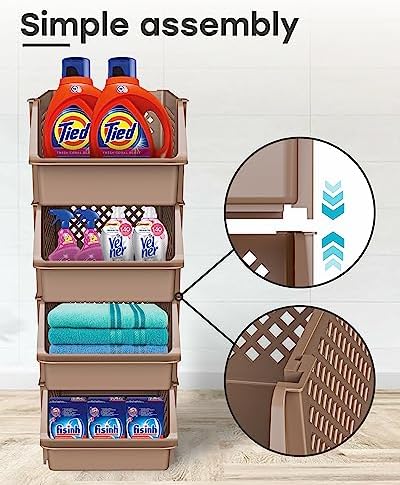 TidyFriend Plastic Stackable Storage Bins for Pantry, 4 Pack Stackable Bins For Organizing Food, Kitchen, and Bathroom Essentials (Brown) - Image 3