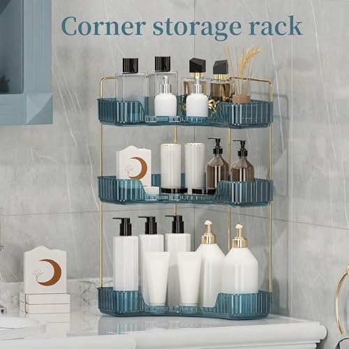 INVSSENE Corner Bathroom Countertop Organizer, Vanity Organizer Trays for Counter, Makeup Organizers, Perfume Tray, Skincare Shelf Storage Gifts for Women Girl Student (Blue, 3 Tiers) - Image 2