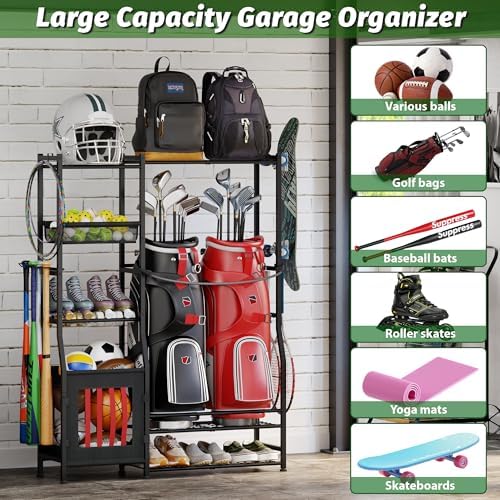 Sports Equipment Organizer Garage Organization , Golf Bag Storage Rack, Organizer for 2 Golf Bag , Indoor/Outdoor Ball Storage Bins for Toy Sports Gear Storage, Ideal for Home, Garage, Club, Basement - Image 4