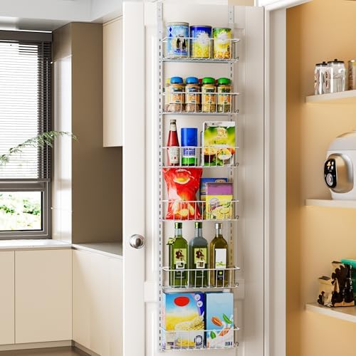 Delamu Pantry Door Organizer, Adjustable Metal Over the Door Pantry Organizer Rack, 6-Tier Over the Door Spice Rack, Kitchen Pantry Door Organizers and Storage, D5 W12 H52.1 inch, White, Small by DELAMU