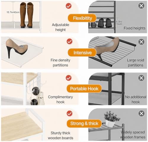 4 Tier Shoe Rack, Shoe Rack for Entryway with Hook, Shoe Organizer with Adjustable Mesh Shelves, Metal Shoe Storage, Closet, Bedroom Living Room Garage - Image 7