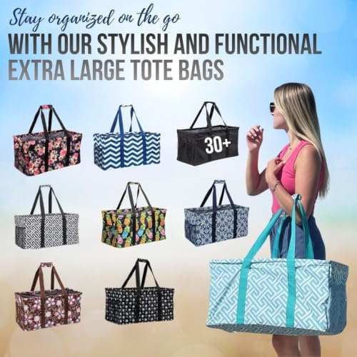 Extra Large Utility Tote Bag - Oversized Collapsible Reusable Wire Frame Rectangular Canvas Basket With Two Exterior Pockets For Beach, Pool, Laundry, Car Trunk, Storage - Black Daisy - Image 2