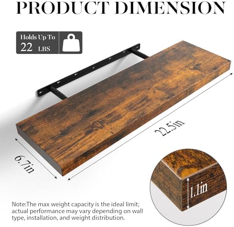 BAYKA Rustic Brown Floating Shelves 22.5in, 3 Pack, Wall Mount Wood Shelf - Image 3