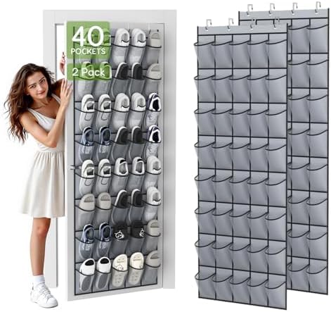 Over the Door Shoe Organizer with 40 Large Breathable Mesh Pockets, Space Saving Shoe Holder, Hanging Shoe Rack for Entryway Bedroom Closet Storage (Grey, 80 Pockets) by Unjumbly