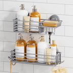 TAILI Shower Caddy Suction Cup 2 Pack with Hooks & Soap Holder, Heavy Duty Shower Organizer for Bathroom, No Drilling Bathroom Organizer with Large Capacity, Metal Storage Holder-Grey by TAILI
