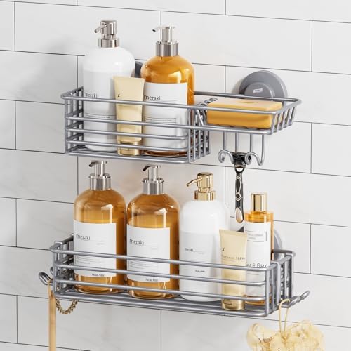 TAILI Shower Caddy Suction Cup 2 Pack with Hooks & Soap Holder, Heavy Duty Shower Organizer for Bathroom, No Drilling Bathroom Organizer with Large Capacity, Metal Storage Holder-Grey by TAILI