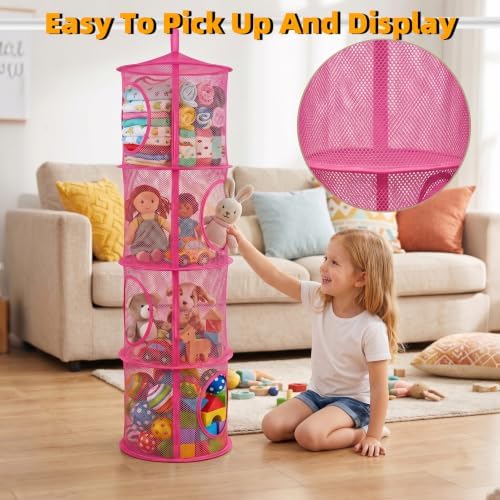 Hanging Stuffed Animal Storage Hammock Net 4 Tiers, Hot Pink - Image 5