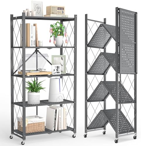 Fenbeli Foldable Shelves with Wheels - 5 Tier Folding Shelf, Collapsible No Assembly Metal Shelving Unit, Origami Storage Shelves & Rolling Storage Rack with 8 Hooks for Kitchen Pantry Garage by Fenbeli