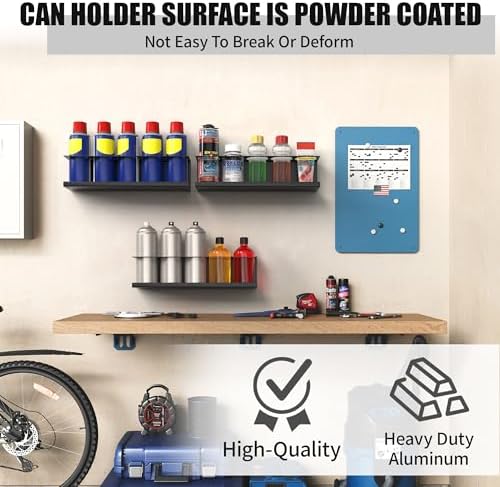 Riciakik 4 Pack Wall-Mounted Spray Bottle Holder, Aerosol Spray Can Holder Storage Rack, Heavy-Duty Paint Bottle Organizer With 20 Holes, Steel Black Spray Rack for Garage, Shop, Home or Tool Trailer - Image 5