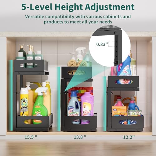 Under Sink Organizer, 2-Pack of 2-Tier Metal Slide Out Pull Out Cabinet Organizer Shelf, Height Adjustable Organization and Storage Series, Bathroom/Desktop/Cabinet/Kitchen Organization, Black - Image 3