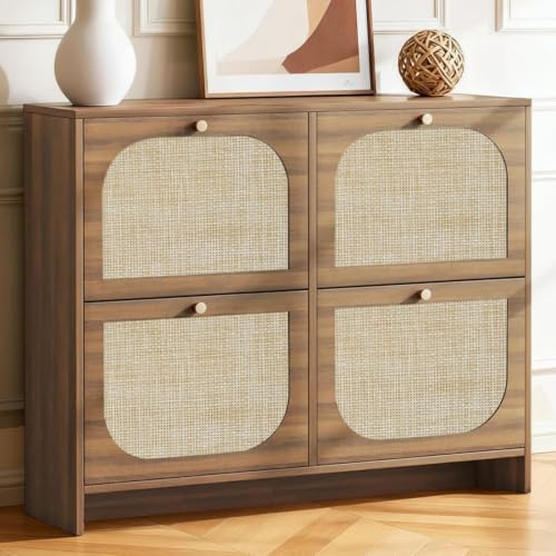 Nicetree Freestanding Ultra Slim Fluted Accent Shoe Storage Cabinet for Entryway - 4 Flip Drawers & 3-Tier Adjustable Shelves, Farmhouse Modern Rustic Shoe Rack for Hallway, Foyer, Living Room by Nicetree