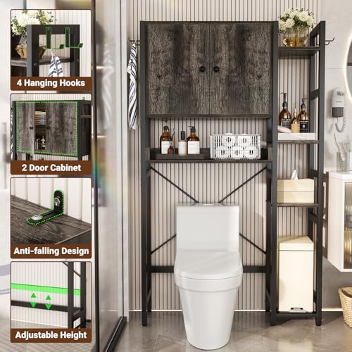 Over The Toilet Storage Cabinet with Doors - 7 Tier Bathroom Organizer with Adjustable Shelf, Freestanding Space Saver Rack Above Toilet Stand with 4 Hooks for Bathroom, Restroom, Laundry, Grey Oak - Image 4