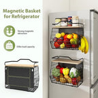 Wawocs Magnetic Shelf for Fridge with Wood Lid, 2 Tier Fruit Baskets Wall Mounted Hanging Basket with 4 Hanger Hooks, Potato and Onion Magnetic Storage Bins for Kitchen Counter, Refrigerator, Cabinet - Image 2