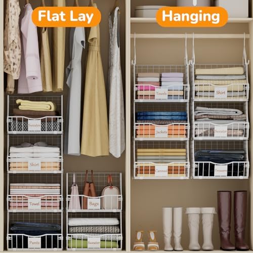 Hanging Closet Organizers and Storage, 3 Tier Closet Shelf Clothes Organizer with 2 S-Hooks, Multi-Functional Iron Wire Baskets, for Clothing, Sweaters, Handbags, Hat, Canned - Image 4
