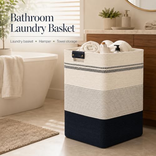 Laundry Hamper, Cotton Rope Laundry Basket with Leather Handles, 21.1-Gallon/80 L Large Clothes Hampers for Laundry, Woven Laundry Baskets for Blankets, Clothing, Bedroom, Living Room, Nursery - Image 5