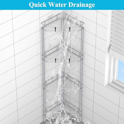 HuggieGems Metal Floor Standing Corner Shower Caddy, Silver, 4 Tier - Image 6