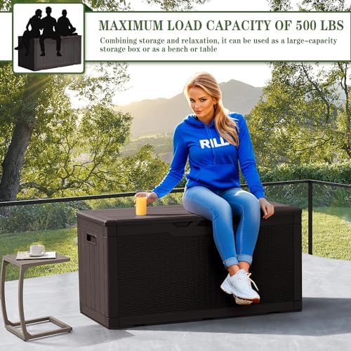 Greesum 100 Gallon Resin Deck Box Large Outdoor Storage, Imitation Rattan Weave Texture for Patio Furniture, Garden Tools, Pool Supplies, Weatherproof and UV Resistant, Lockable, Dark Brown - Image 4