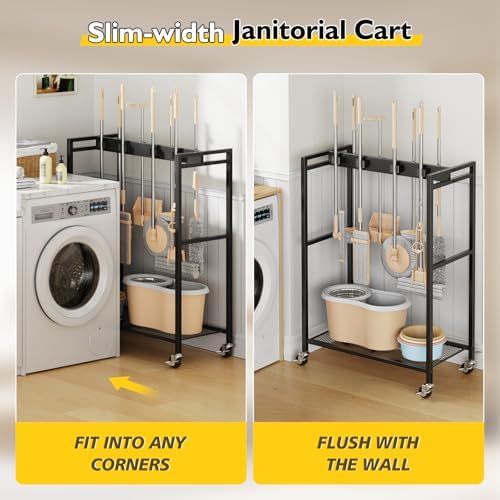 BORISI Broom And Mop Holder, Movable Broom Closet Storage Cabinet, Cleaning Cart with Mop Hanger Gripper Rack, Janitorial Cart, Utility Carts, Laundry Room Organization Home Essentials - Image 4