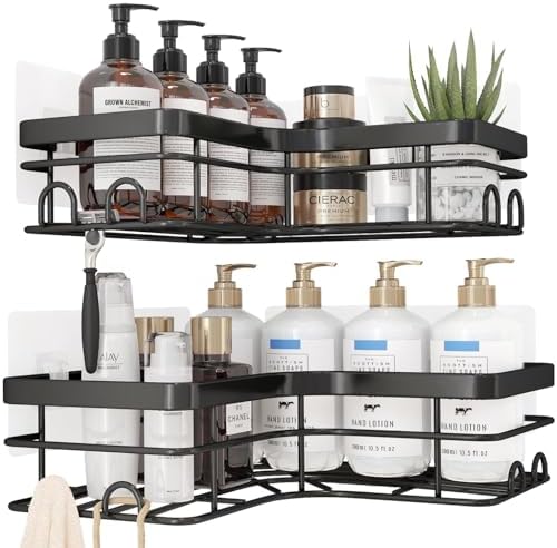 Sakugi Corner Shower Caddy - 2 Pack, Adhesive Shower Organizers, Rustproof Stainless Steel Shower Shelves with 8 Hooks, No Drilling Bathroom Organizers and Storage Racks, Space-Saving, Black, X-Large - Image 3