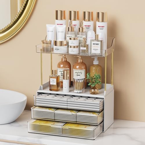 Anylady Bathroom Organizers and Storage, Makeup Organizer (Sturdy Durable Attractive), Ideal for Vanity, Countertop, Counter, Perfume, Skincare, Cabinet, Cosmetic, Dresser Organizer (White) by Anylady