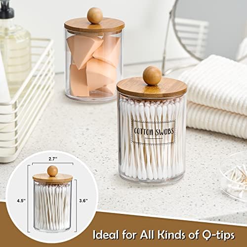 VITEVER 3 Pack Qtip Holder Dispenser with Bamboo Lids - 10 oz Clear Plastic Apothecary Jar Containers for Vanity Makeup Organizer Storage - Bathroom Accessories Set for Cotton Swab, Ball, Pads, Floss - Image 3
