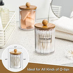 VITEVER 3 Pack Qtip Holder Dispenser with Bamboo Lids - 10 oz Clear Plastic Apothecary Jar Containers for Vanity Makeup Organizer Storage - Bathroom Accessories Set for Cotton Swab, Ball, Pads, Floss - Image 3