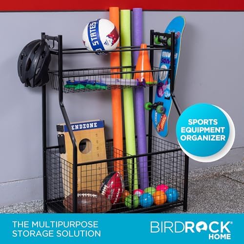 BIRDROCK HOME Sports Equipment Ball Organizer 43"H for Garage -Storage Rack - Baseball, Tennis, Football, Gym Gear - Wide Bin Basket - 4 Hooks - Kids Toy Holder - Hockey Stick Cage | Indoor - Outdoor - Image 4