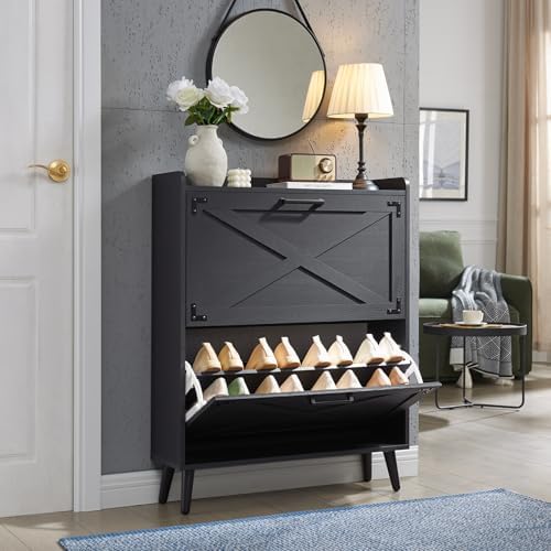 Barnyatoh Farmhouse Shoe Storage Cabinet with 2 Flip Drawers & Barn Door - Image 3
