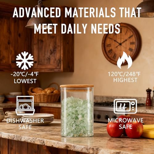 D2scrma 37oz Airtight Glass Square Storage Canister with Bamboo Lid Set of 4 (1100ml) Container Stackable Jar, Kitchen Canister for Pantry Noodles, Flour and Coffee beans (‎with Black Lable) - Image 4