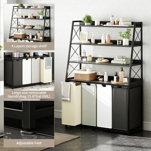 Herture Laundry Basket, 4 Section Laundry Hamper with 4 Tiers Shelf, Pull-Out and Removable Laundry Bags, Large 4 x 15.87 Gallons, for Laundry Room Bathroom Black PF12XLK - Image 4