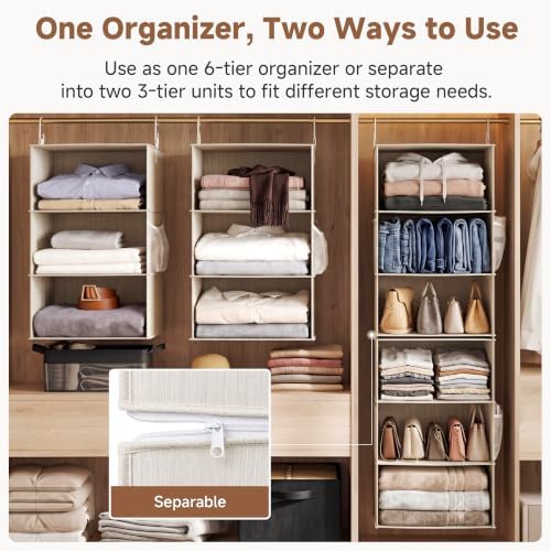 StorageWorks Hanging Closet Organizer, 6-Shelf with 2-in-1 Design, Ivory | Maximize Closet Space with Reinforced Shelves, Small Closet Storage Solution for Bedrooms, Dorms and RVs, Jumbo - Image 3