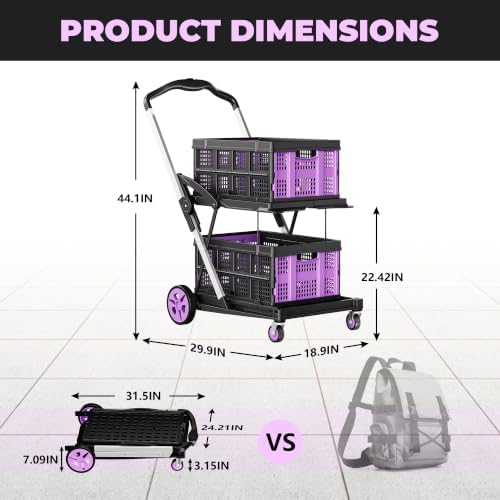 200LBS Collapsible Shopping Cart with 2 Storage Crates, 8-in-1 Portable Foldable Utility Cart with Foot Brake for Picnic, Supermarket, Grocery, Office, Outdoor, Purple - Image 5