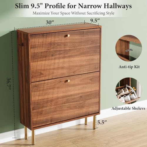 Nicetree Shoe Storage Cabinet for Entryway - 2 Flip Drawers Shoe Cabinet with Tiered Fluted Design - Slim Shoe Storage Rack with Gold Legs - Narrow Shoe Cabinet Hidden Shoe Organizer for Small Spaces - Image 2