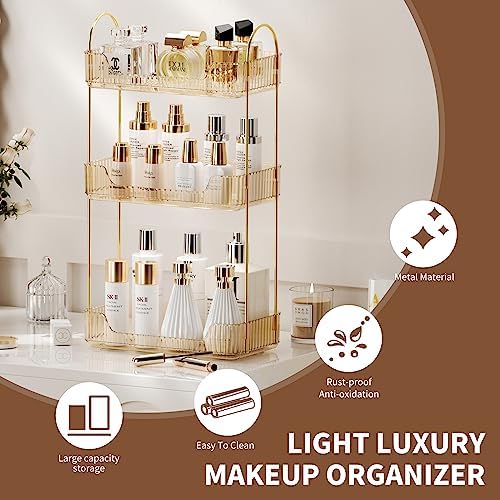 Akinbas 3 Tier Bathroom Organizer Countertop Makeup Perfume Tray Skincare Organizer for Bathroom Dresser Vanity (Gold) - Image 3